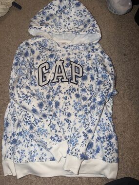 GAP White Pullover Hoodie with Blue Floral Print